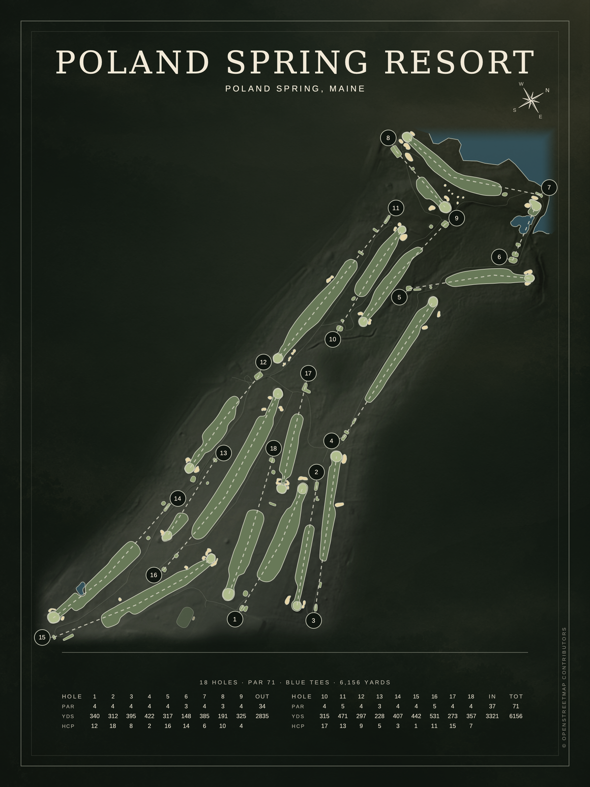 Poland Spring Resort course map poster, Architectural style, 12×16 / 18×24