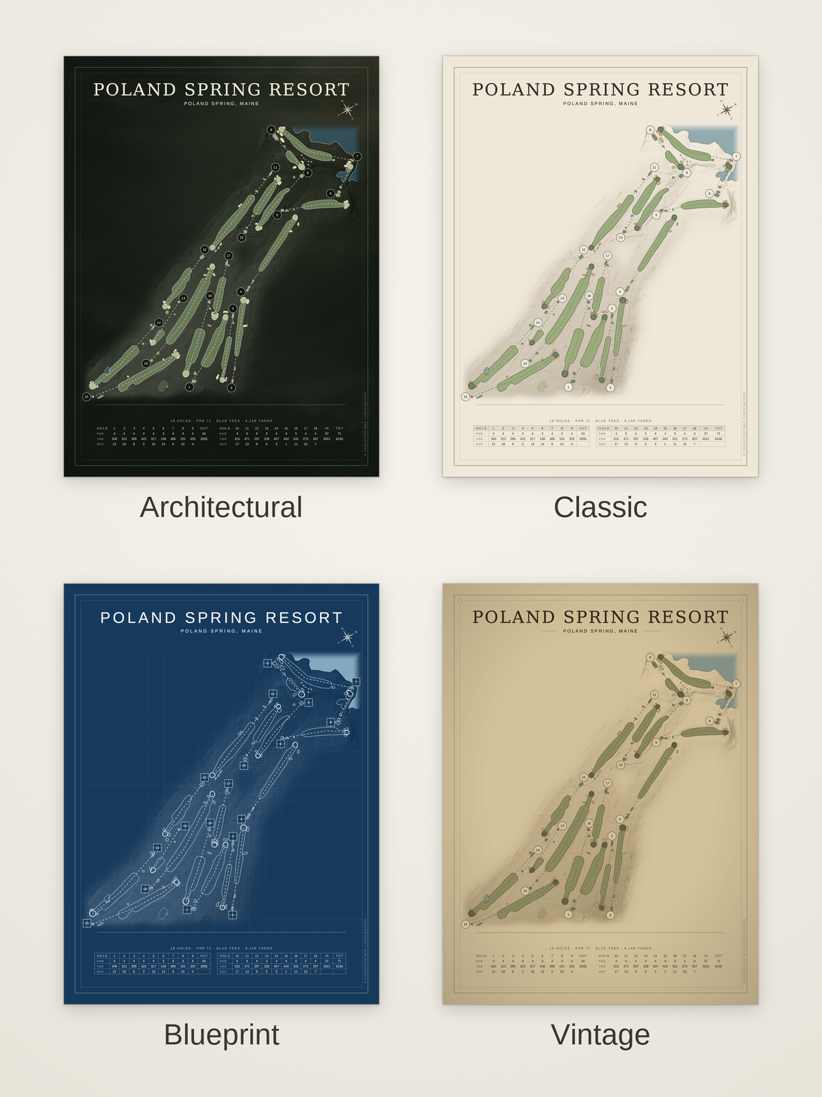 Poland Spring Resort course map poster in four styles: Architectural, Classic, Blueprint and Vintage