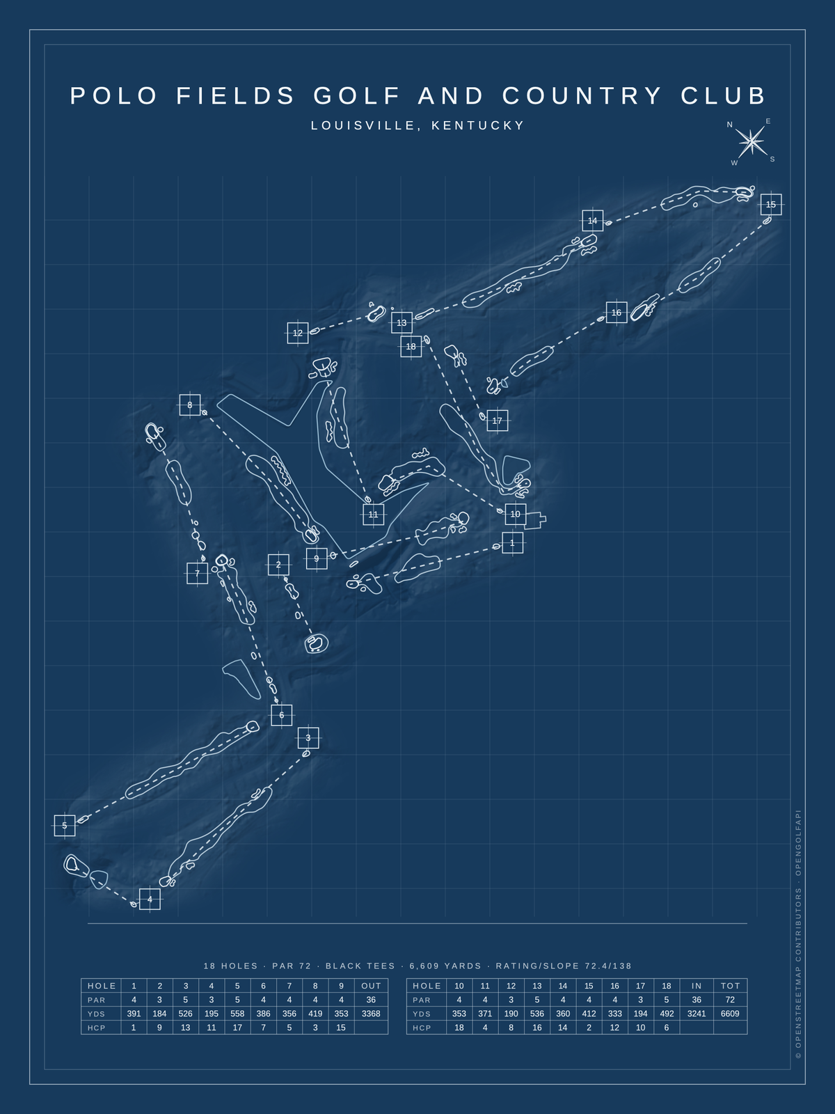 Polo Fields Golf and Country Club course map poster, Blueprint style, 12×16 / 18×24