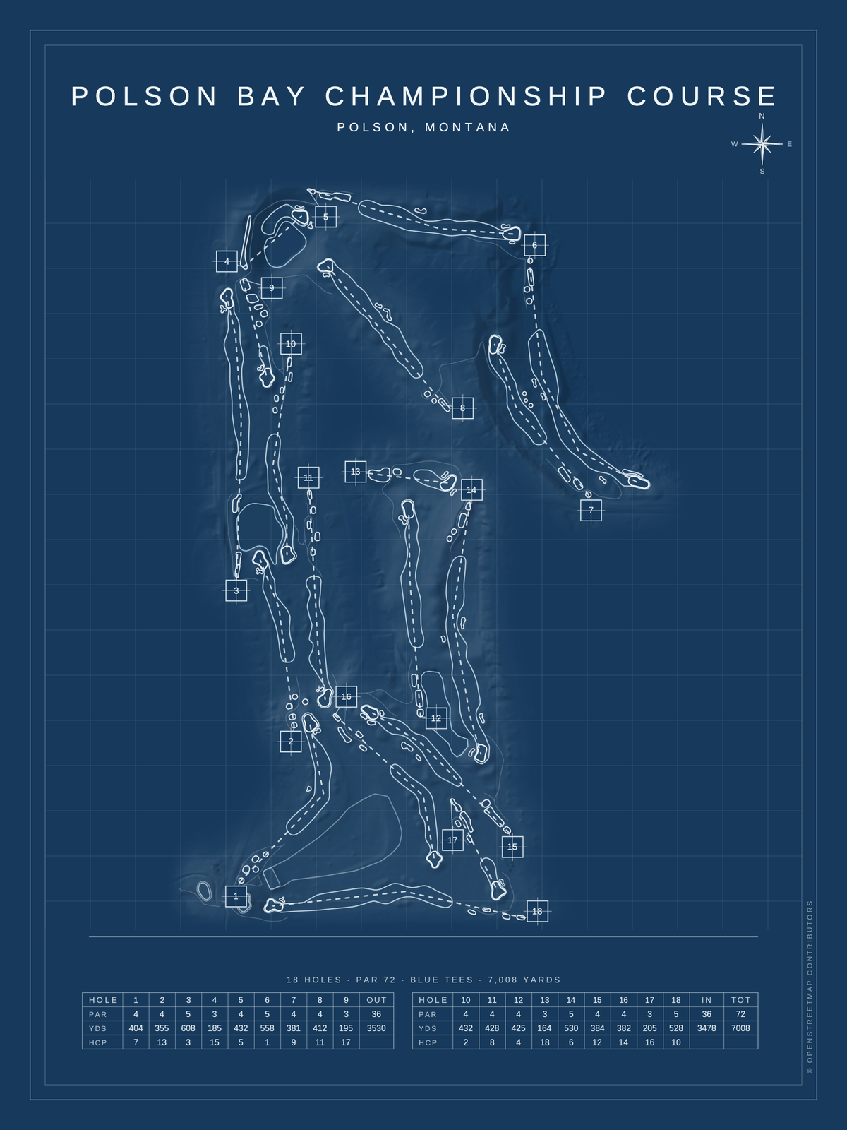 Polson Bay Championship Course map poster, Blueprint style, 12×16 / 18×24