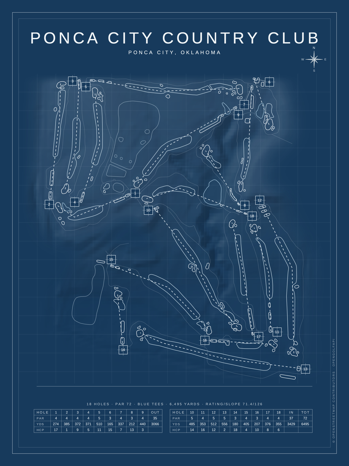 Ponca City Country Club course map poster, Blueprint style, 12×16 / 18×24