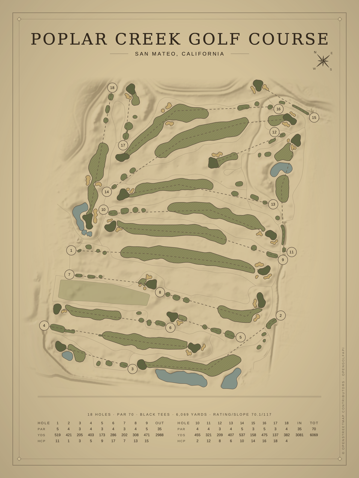 Poplar Creek Golf Course map poster, Vintage style, 12×16 / 18×24