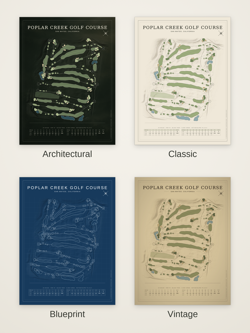 Poplar Creek Golf Course map poster in four styles: Architectural, Classic, Blueprint and Vintage