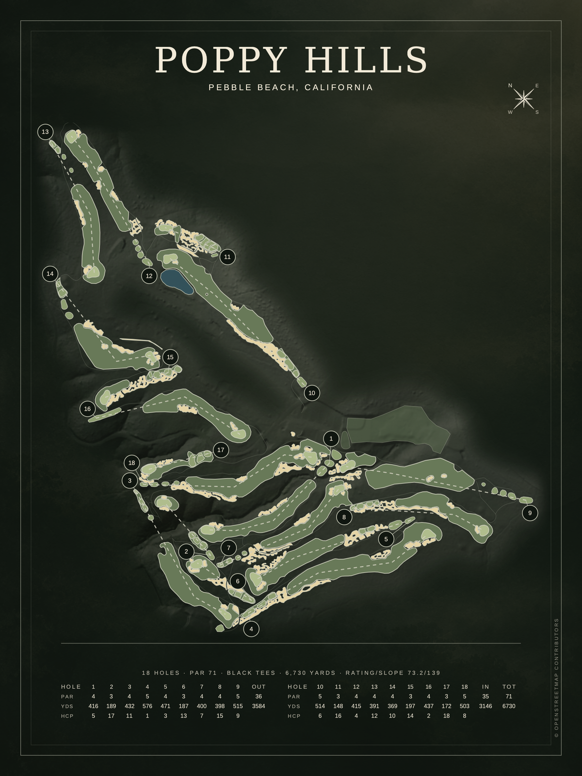 Poppy Hills course map poster, Architectural style, 12×16 / 18×24