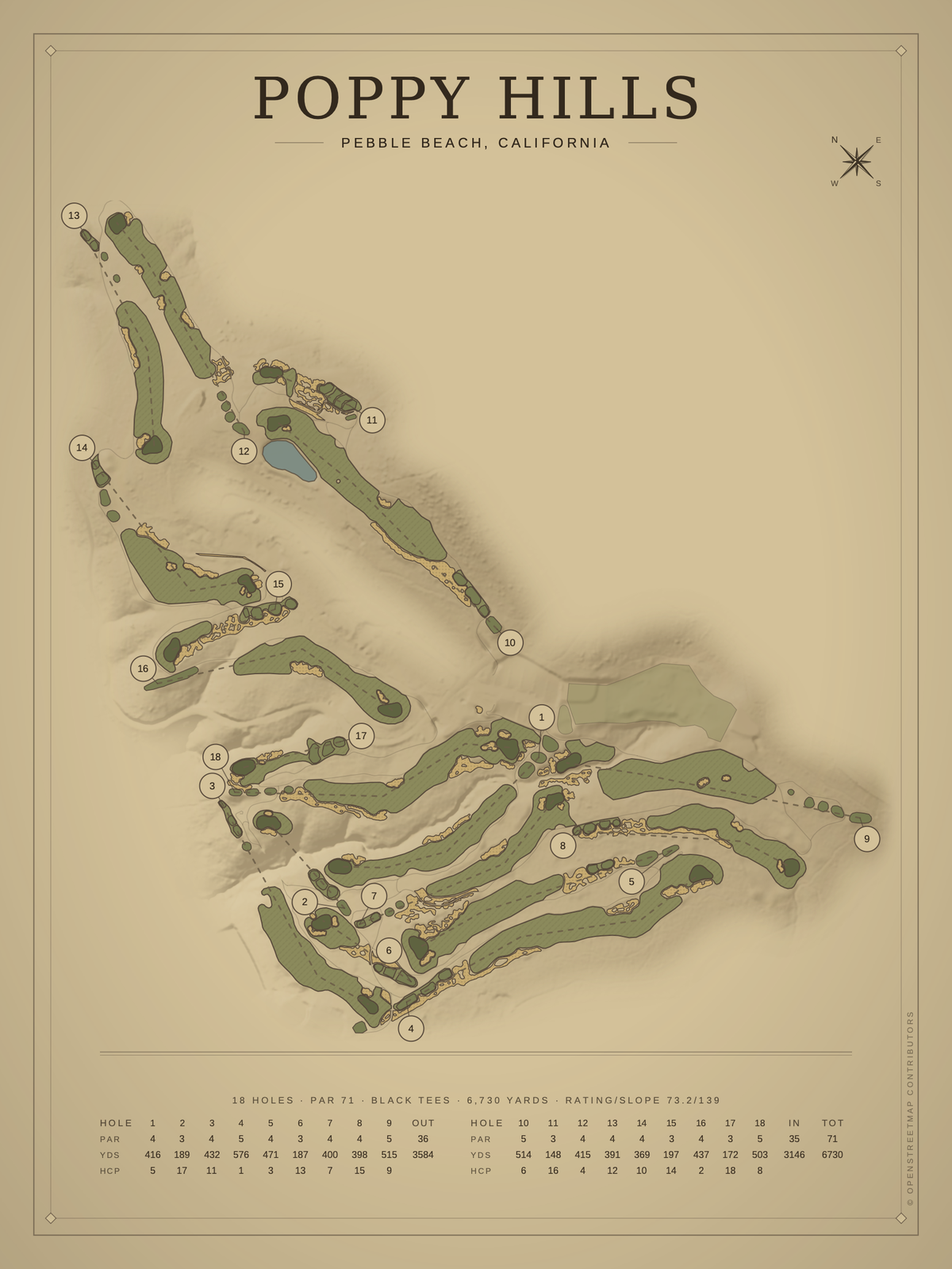Poppy Hills course map poster, Vintage style, 12×16 / 18×24