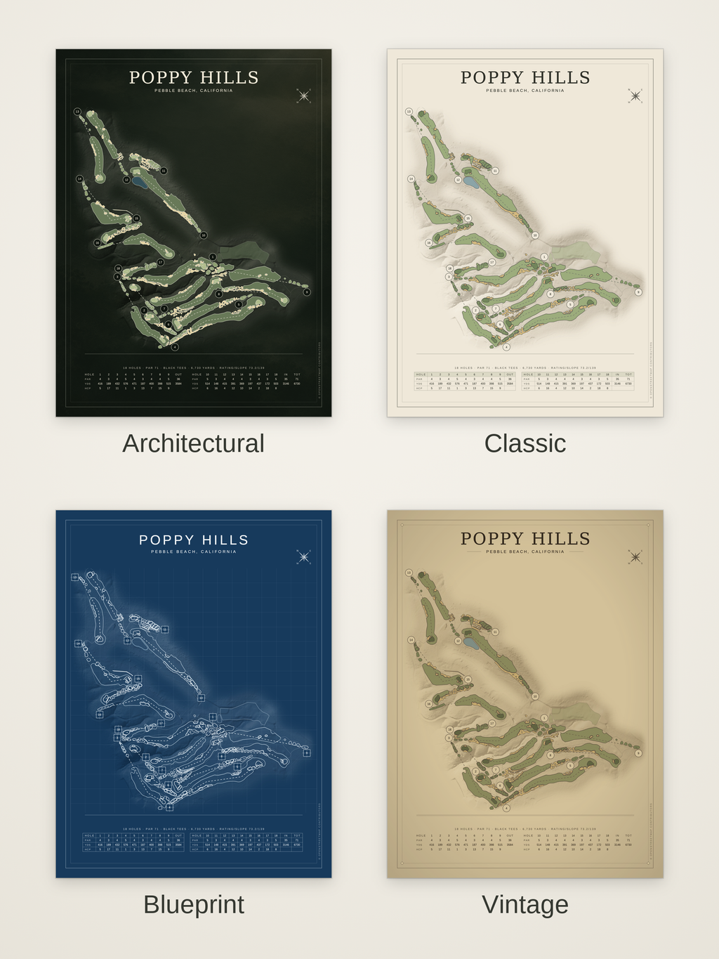 Poppy Hills course map poster in four styles: Architectural, Classic, Blueprint and Vintage