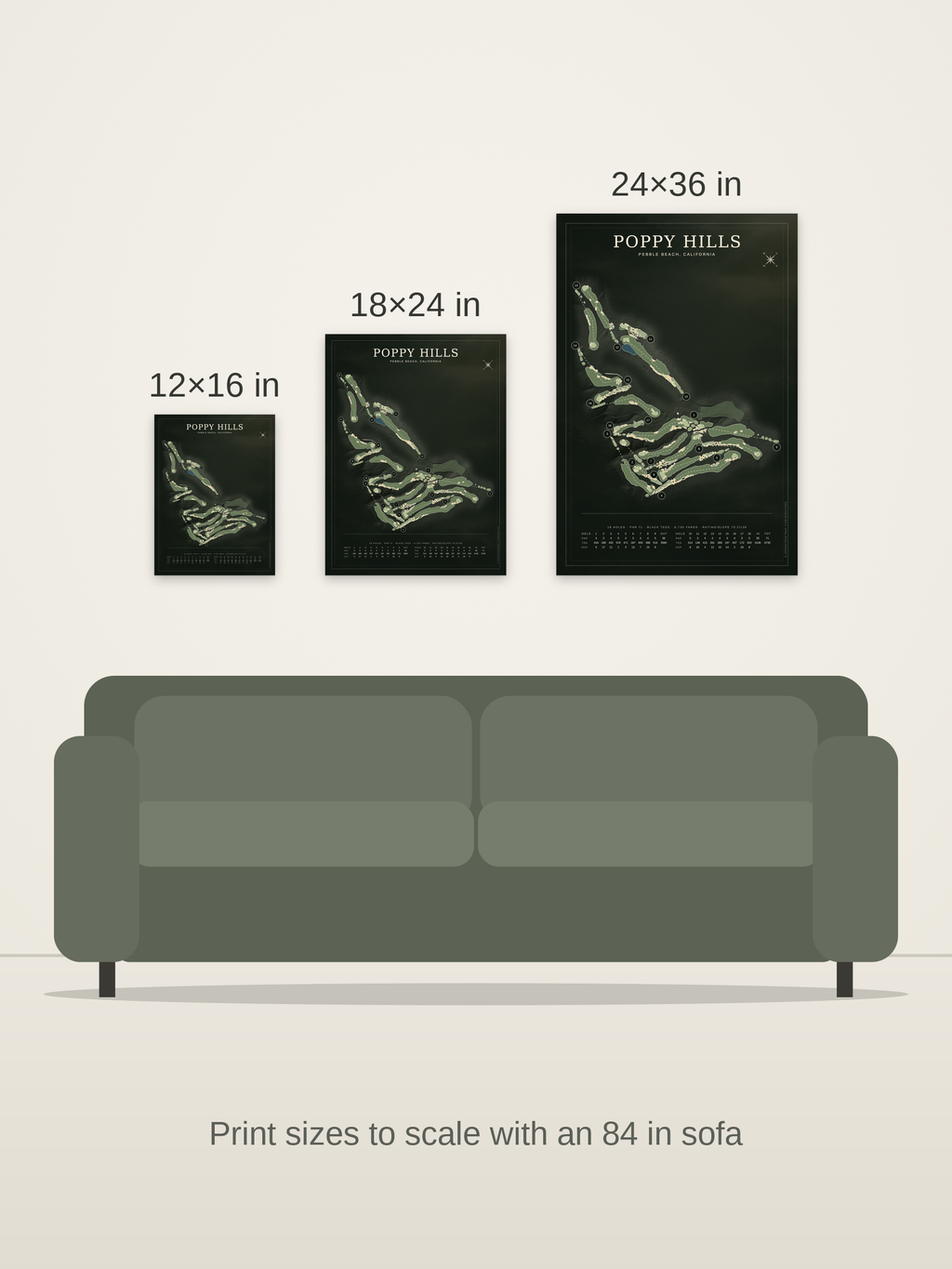 Poppy Hills course map poster in the Architectural style at 12×16, 18×24 and 24×36 inches, shown to scale on a wall above an 84-inch sofa