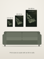 Poppy Hills course map poster in the Architectural style at 12×16, 18×24 and 24×36 inches, shown to scale on a wall above an 84-inch sofa