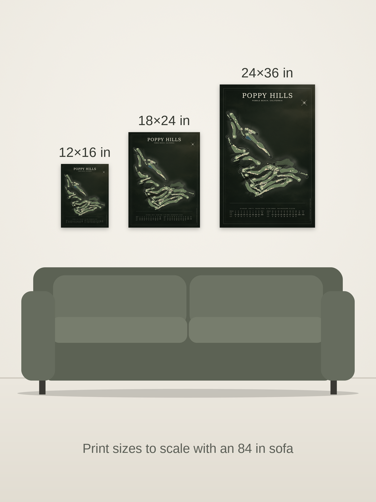Poppy Hills course map poster in the Architectural style at 12×16, 18×24 and 24×36 inches, shown to scale on a wall above an 84-inch sofa