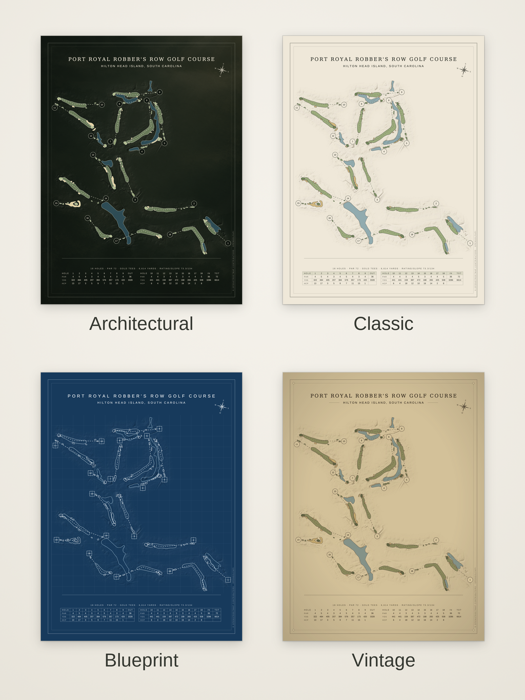 Port Royal Robber's Row Golf Course map poster in four styles: Architectural, Classic, Blueprint and Vintage