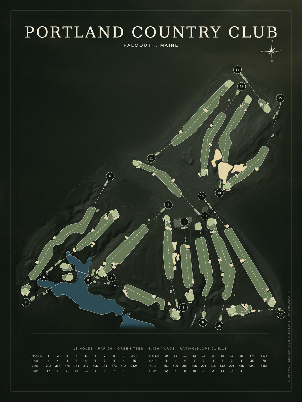 Portland Country Club course map poster, Architectural style, 12×16 / 18×24