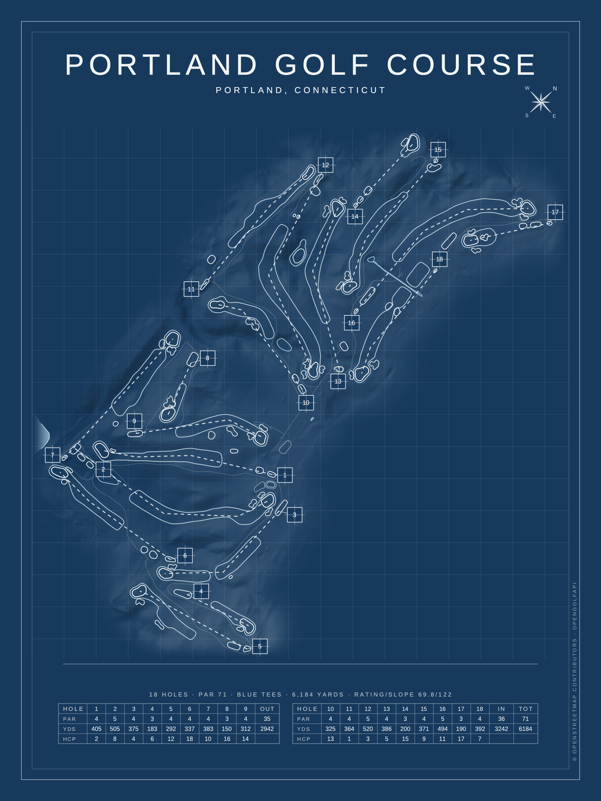 Portland Golf Course map poster, Blueprint style, 12×16 / 18×24