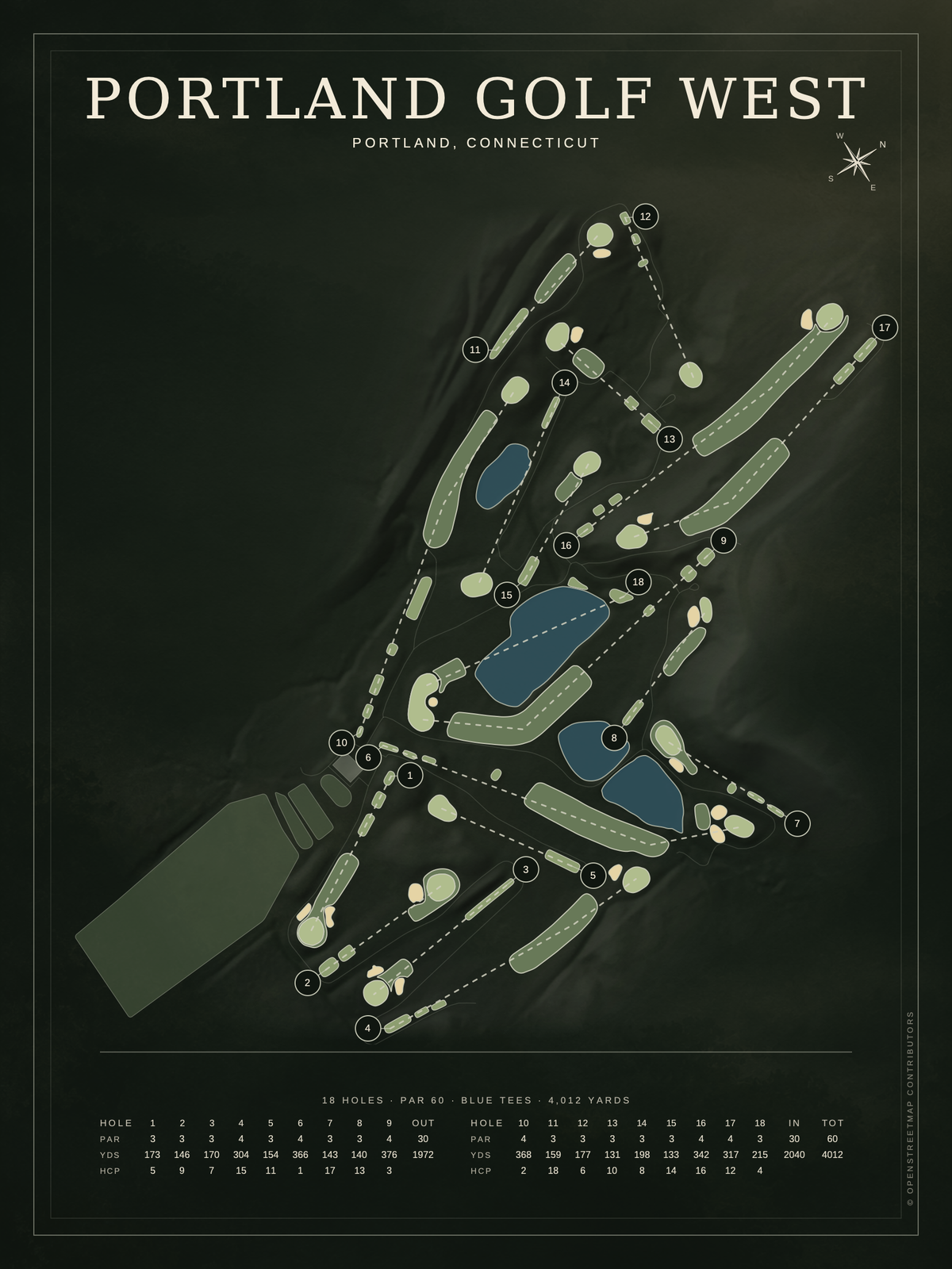 Portland Golf West course map poster, Architectural style, 12×16 / 18×24