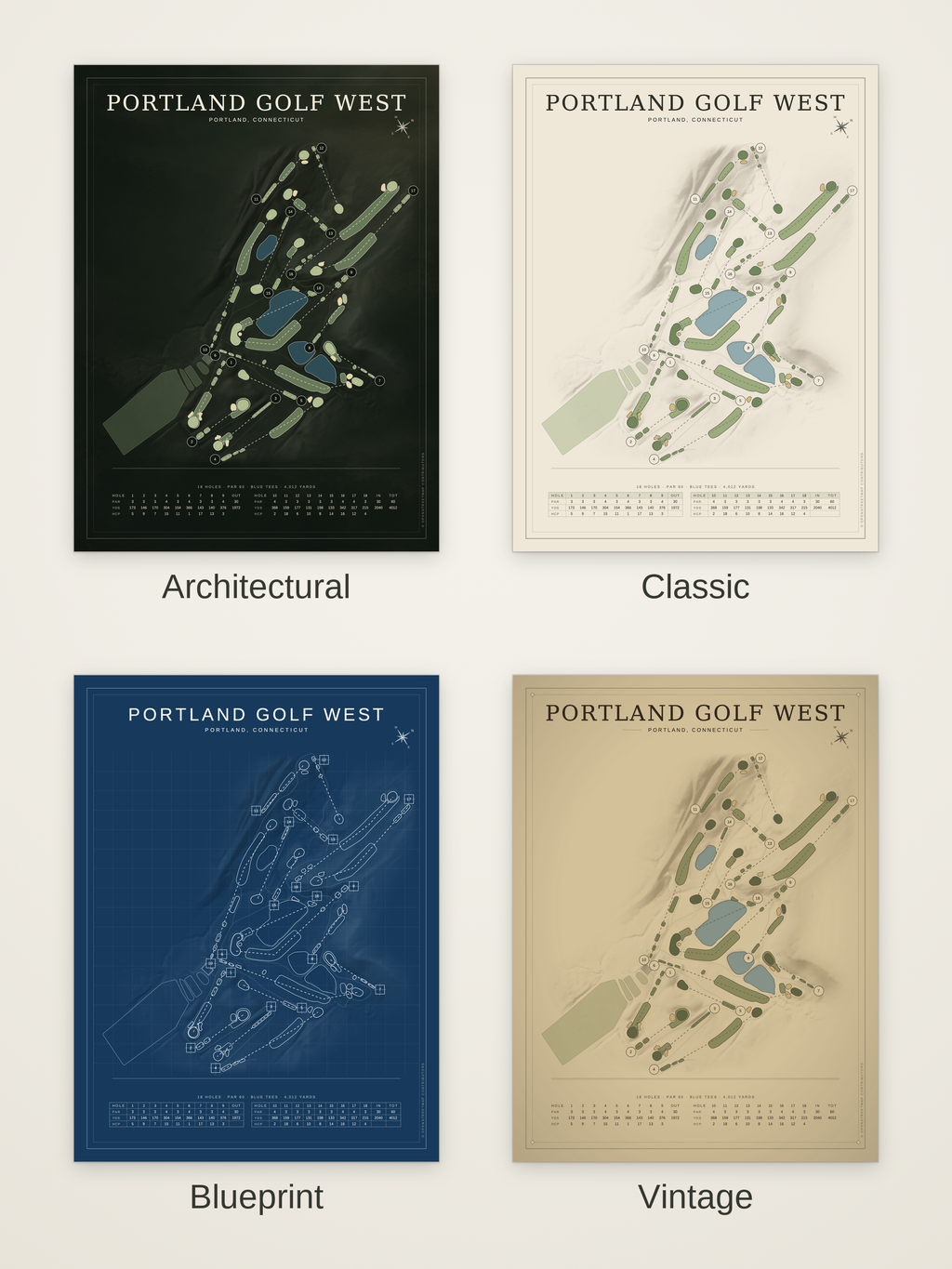 Portland Golf West course map poster in four styles: Architectural, Classic, Blueprint and Vintage