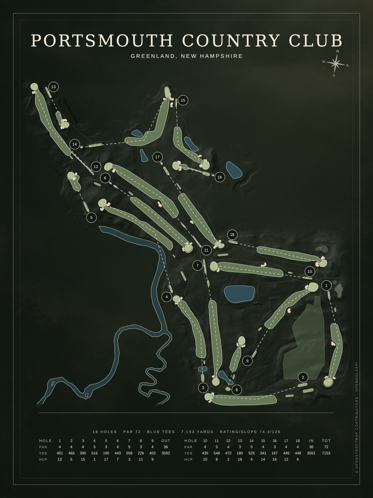 Portsmouth Country Club course map poster, Architectural style, 12×16 / 18×24