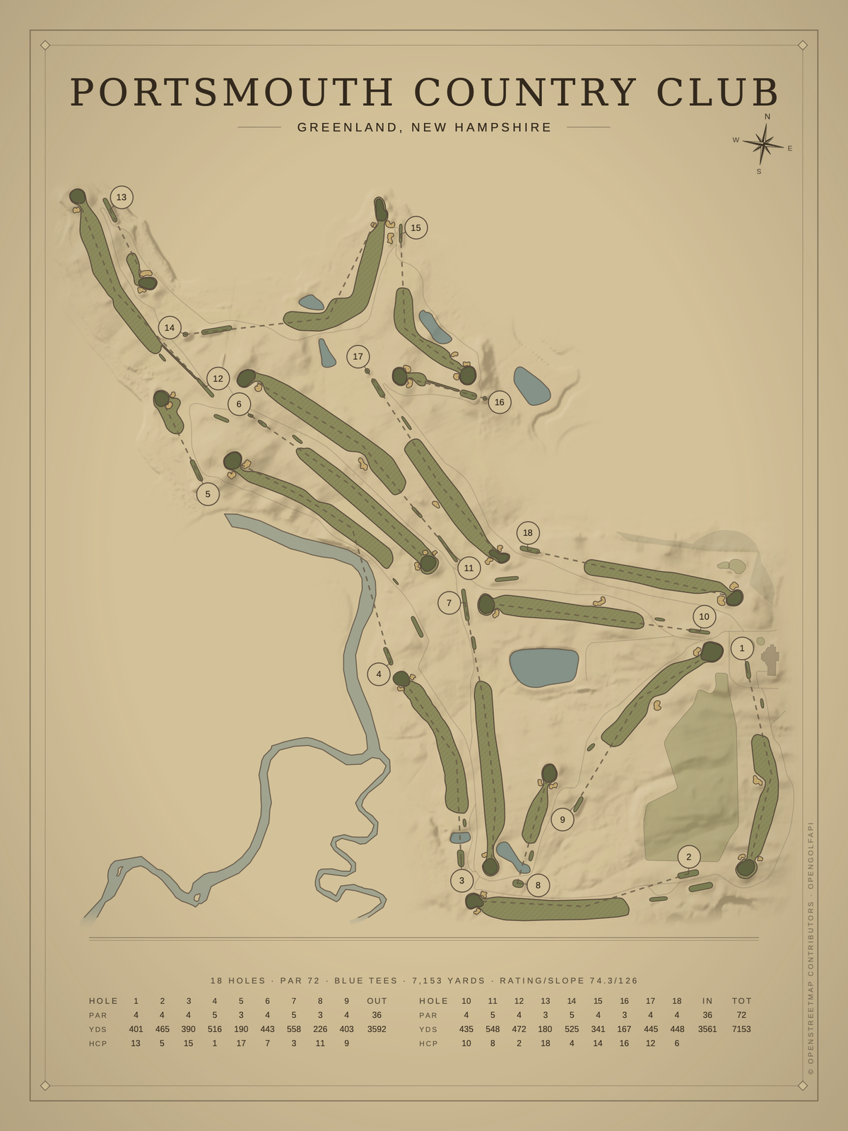Portsmouth Country Club course map poster, Vintage style, 12×16 / 18×24