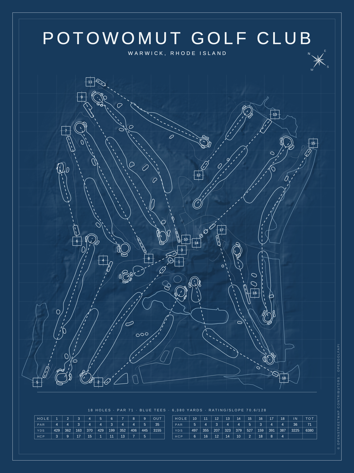 Potowomut Golf Club course map poster, Blueprint style, 12×16 / 18×24