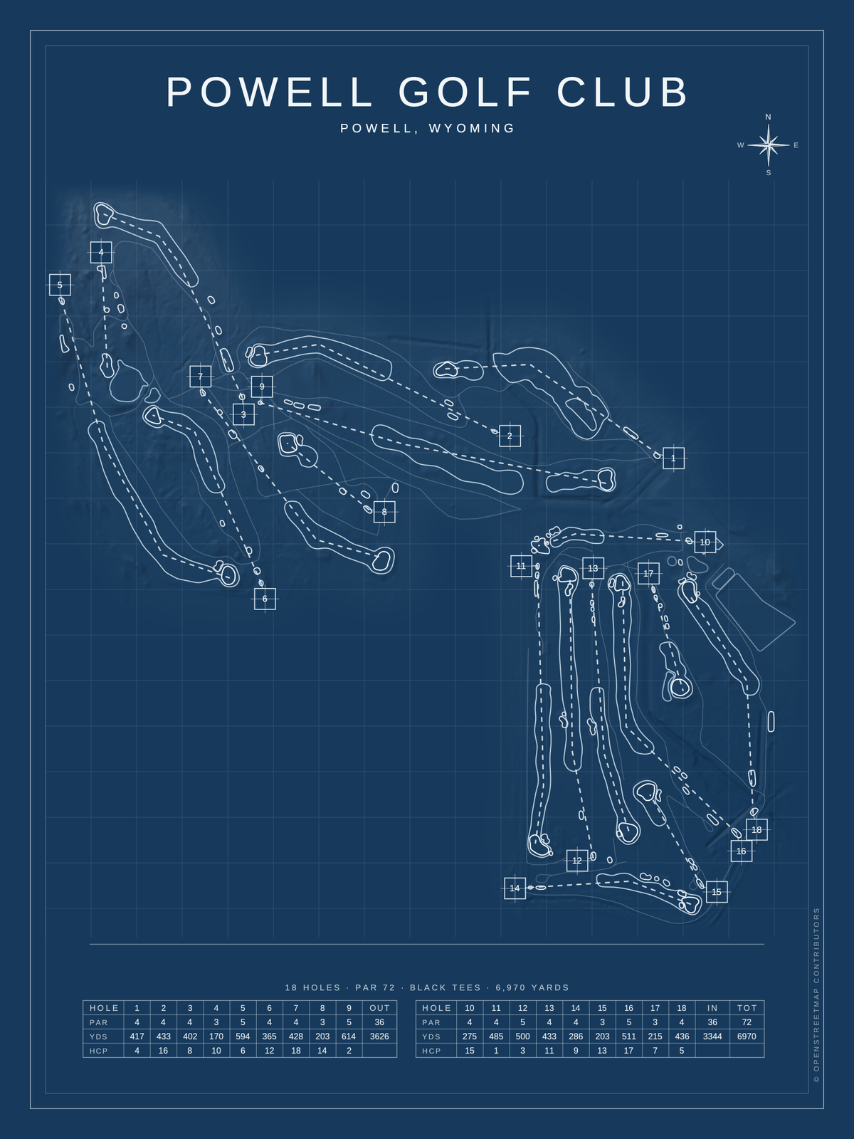 Powell Golf Club course map poster, Blueprint style, 12×16 / 18×24