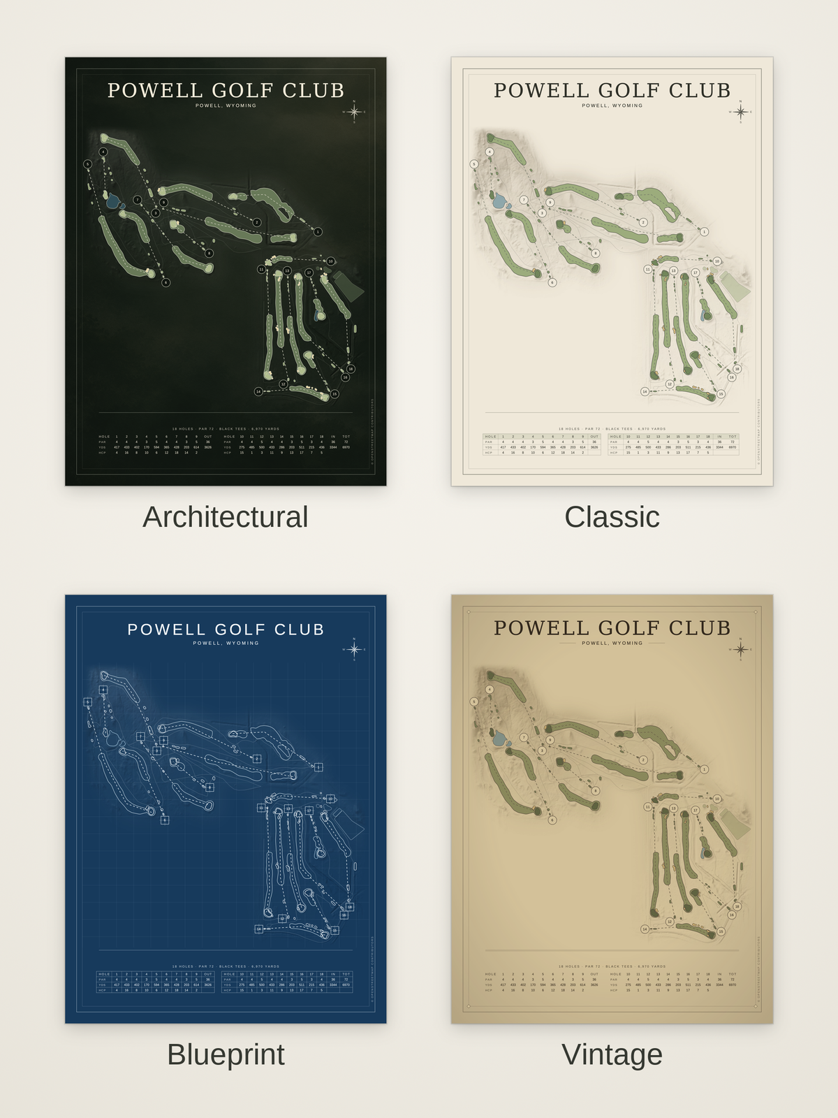 Powell Golf Club course map poster in four styles: Architectural, Classic, Blueprint and Vintage