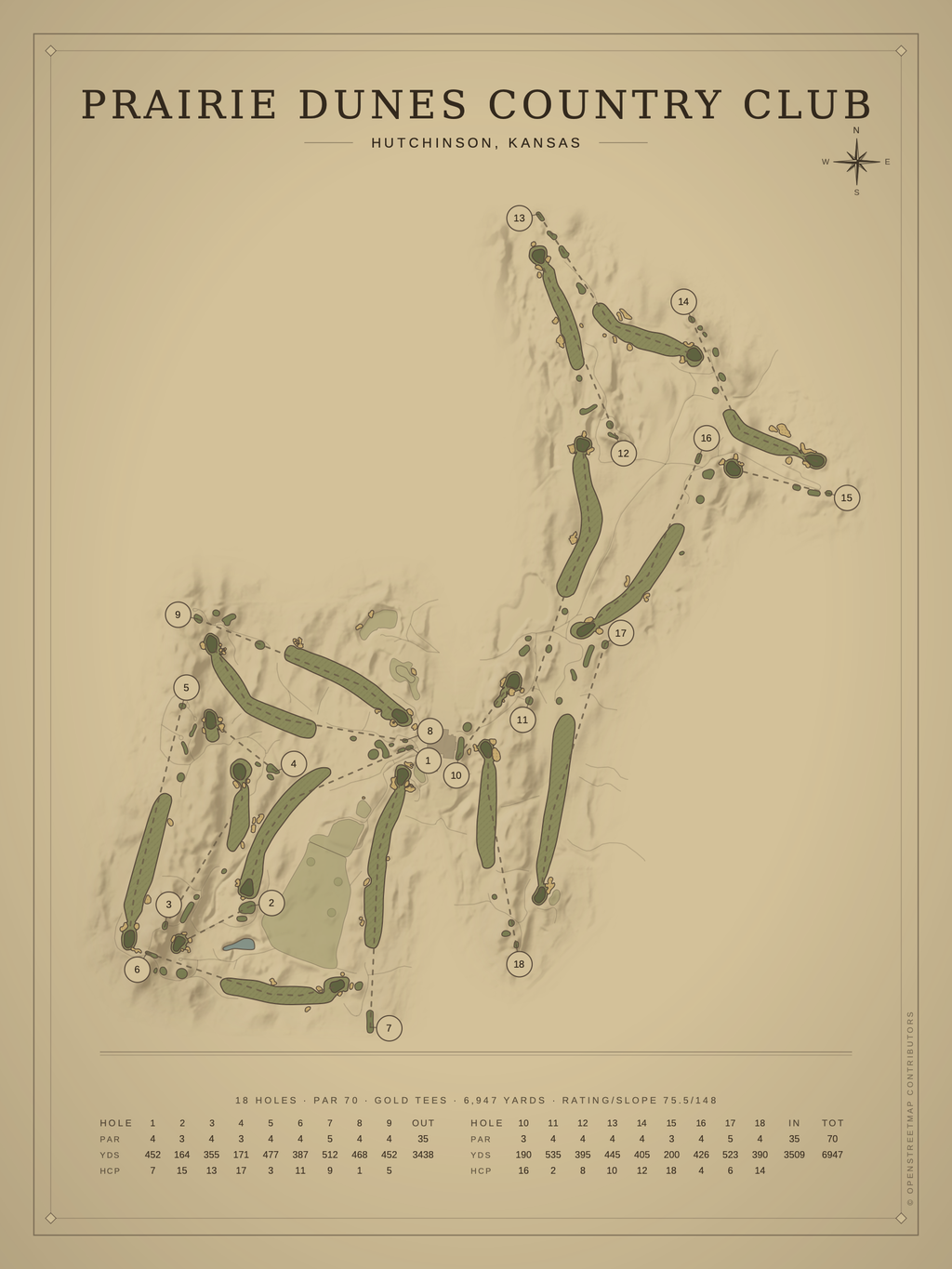 Prairie Dunes Country Club course map poster, Vintage style, 12×16 / 18×24
