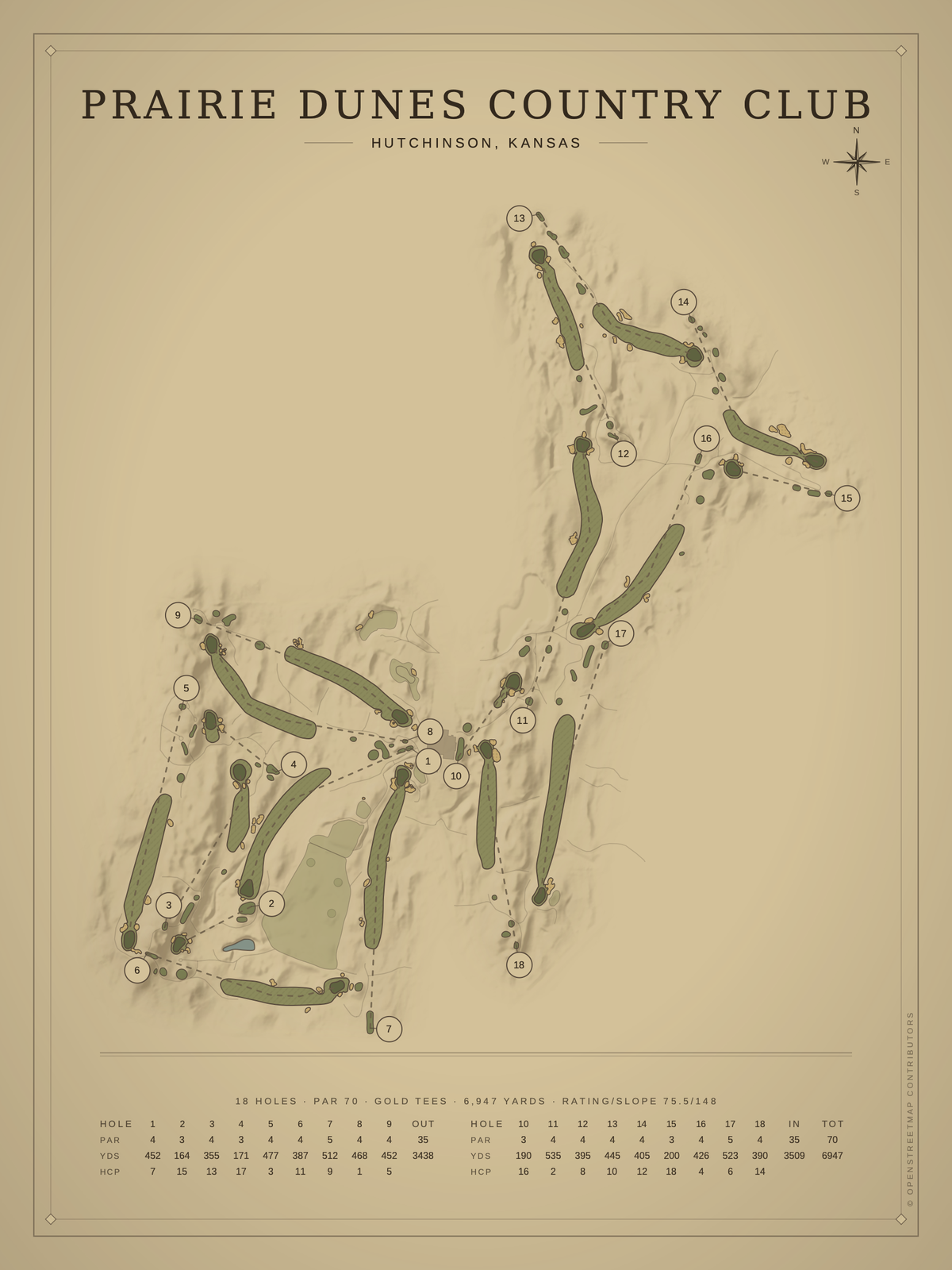 Prairie Dunes Country Club course map poster, Vintage style, 12×16 / 18×24