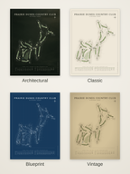 Prairie Dunes Country Club course map poster in four styles: Architectural, Classic, Blueprint and Vintage