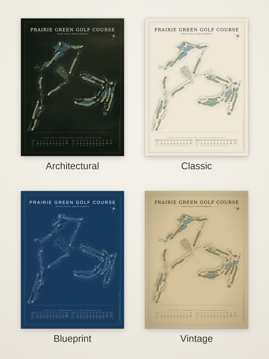 Prairie Green Golf Course map poster in four styles: Architectural, Classic, Blueprint and Vintage