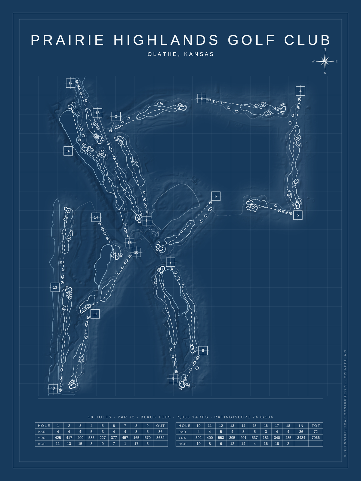 Prairie Highlands Golf Club course map poster, Blueprint style, 12×16 / 18×24