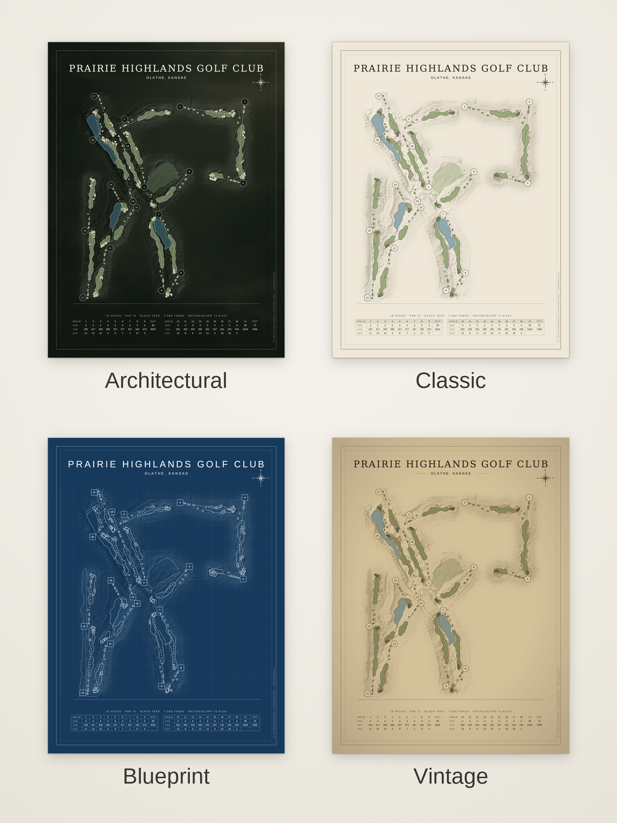 Prairie Highlands Golf Club course map poster in four styles: Architectural, Classic, Blueprint and Vintage