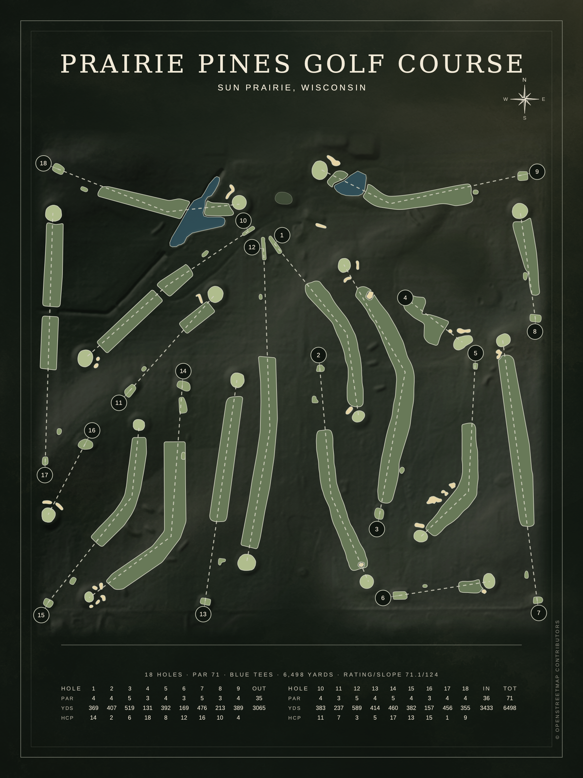 Prairie Pines Golf Course map poster, Architectural style, 12×16 / 18×24