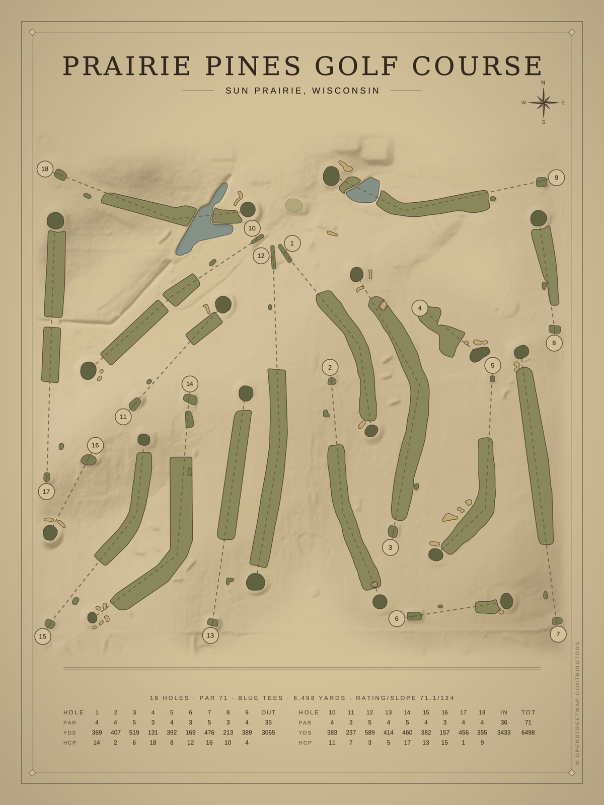 Prairie Pines Golf Course map poster, Vintage style, 12×16 / 18×24