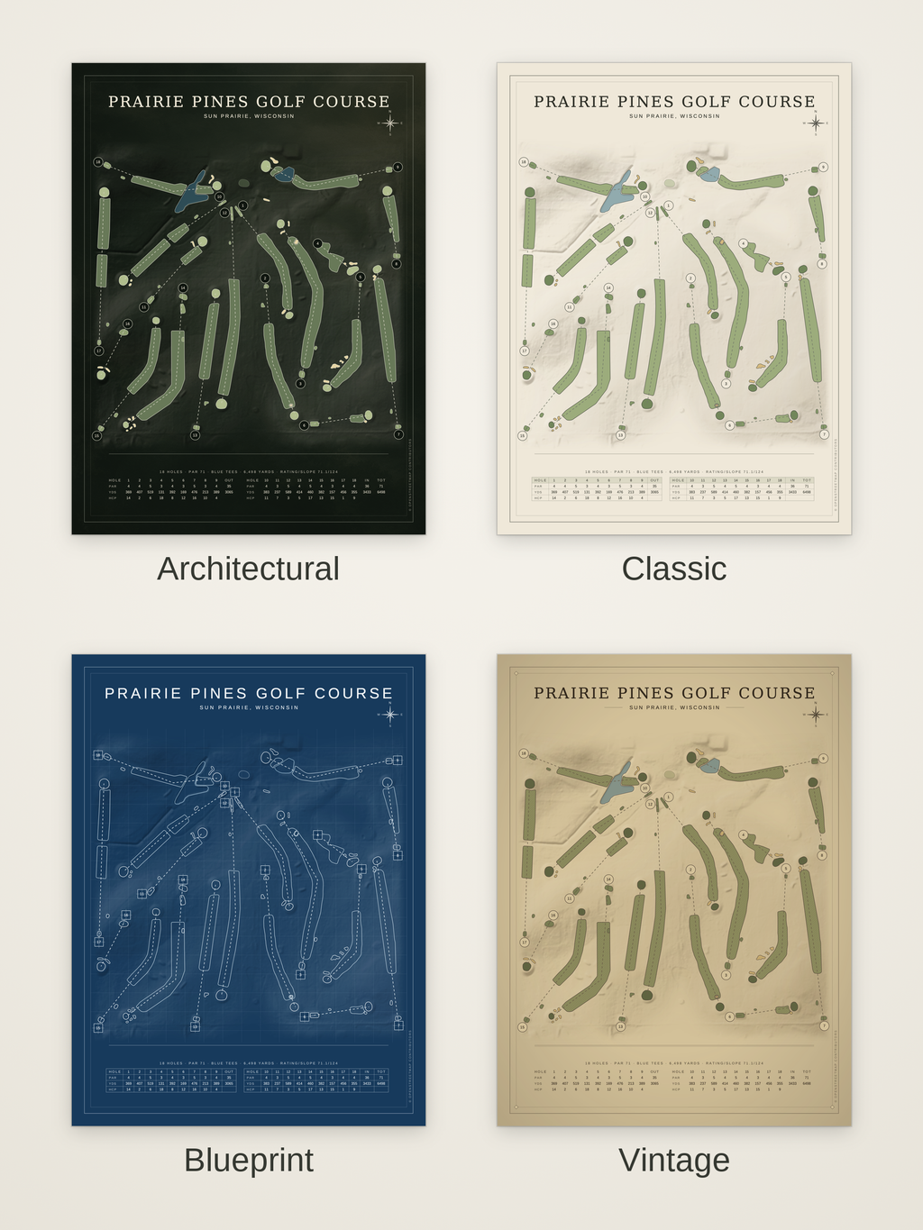 Prairie Pines Golf Course map poster in four styles: Architectural, Classic, Blueprint and Vintage