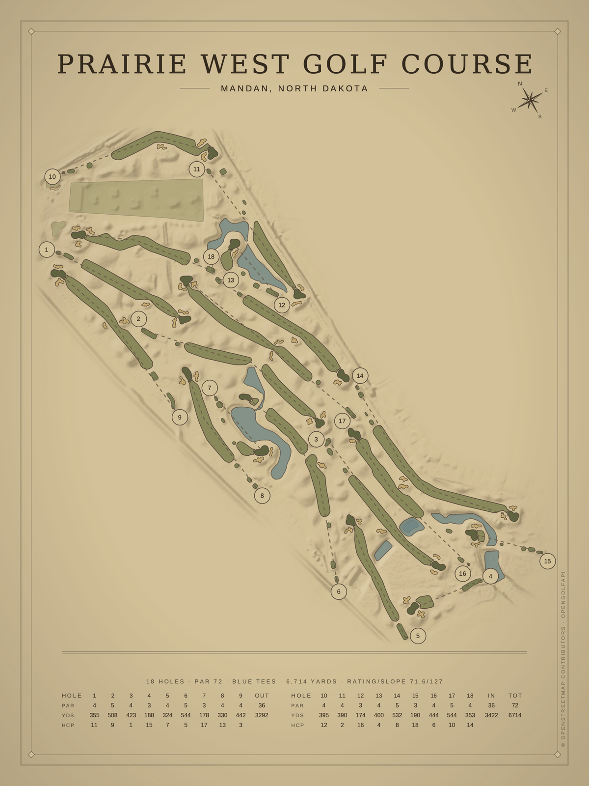 Prairie West Golf Course map poster, Vintage style, 12×16 / 18×24