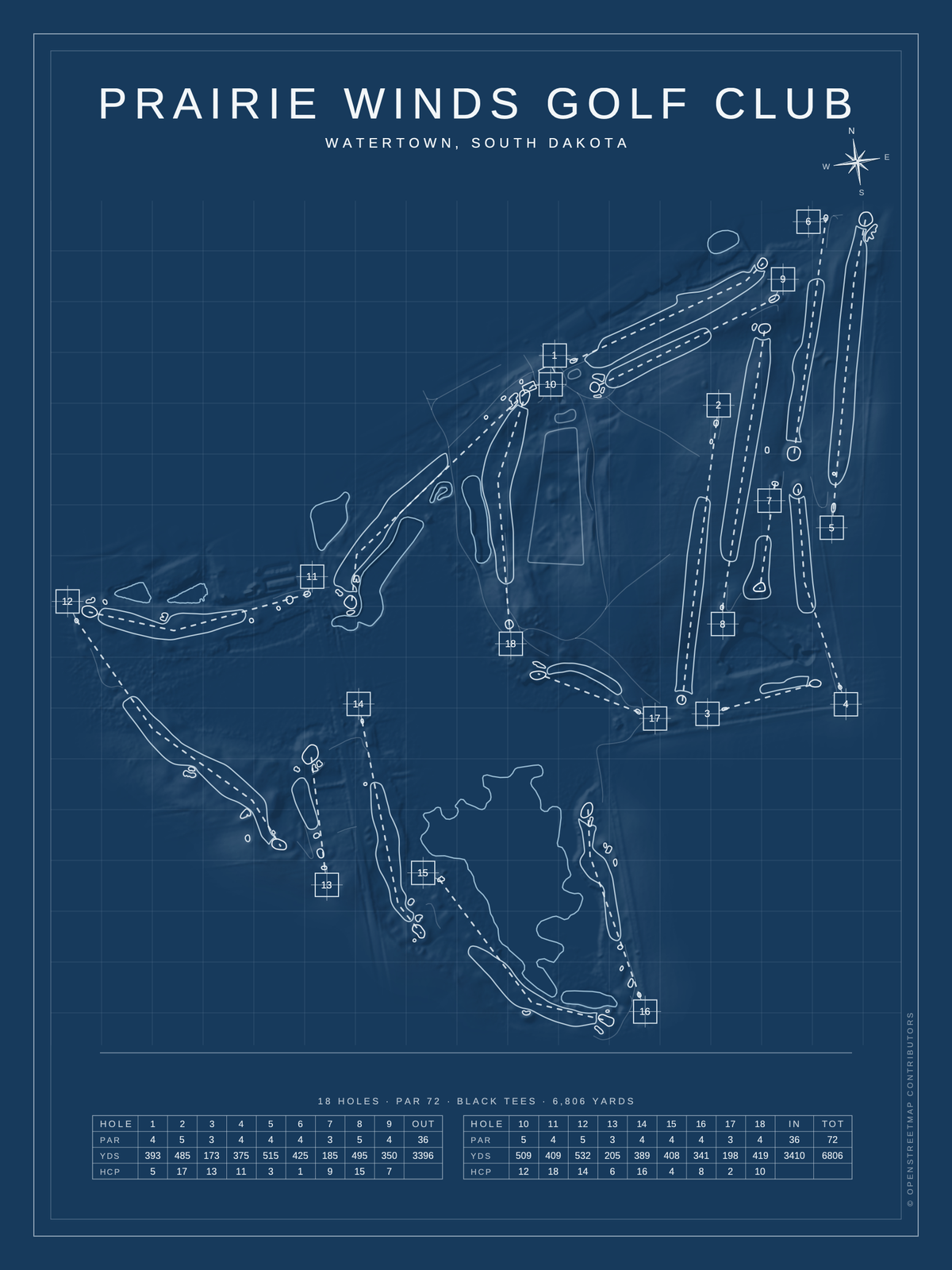Prairie Winds Golf Club course map poster, Blueprint style, 12×16 / 18×24