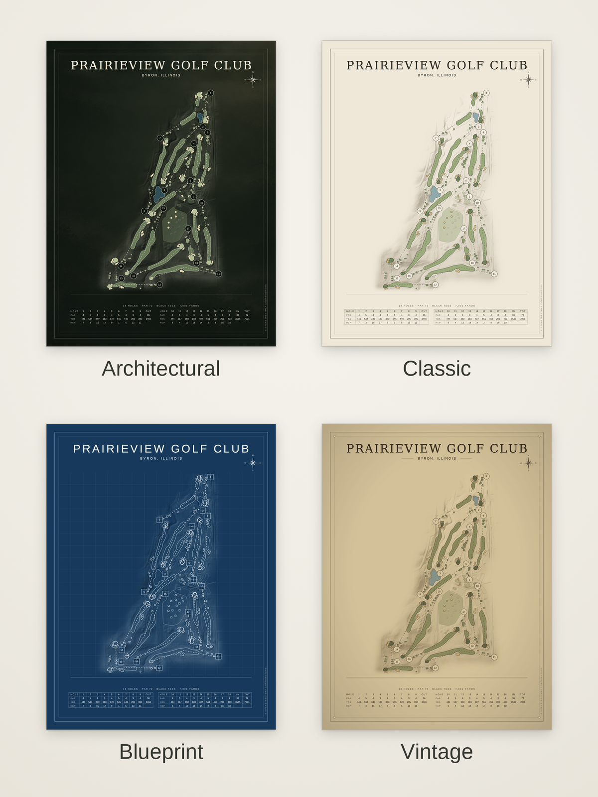 PrairieView Golf Club course map poster in four styles: Architectural, Classic, Blueprint and Vintage