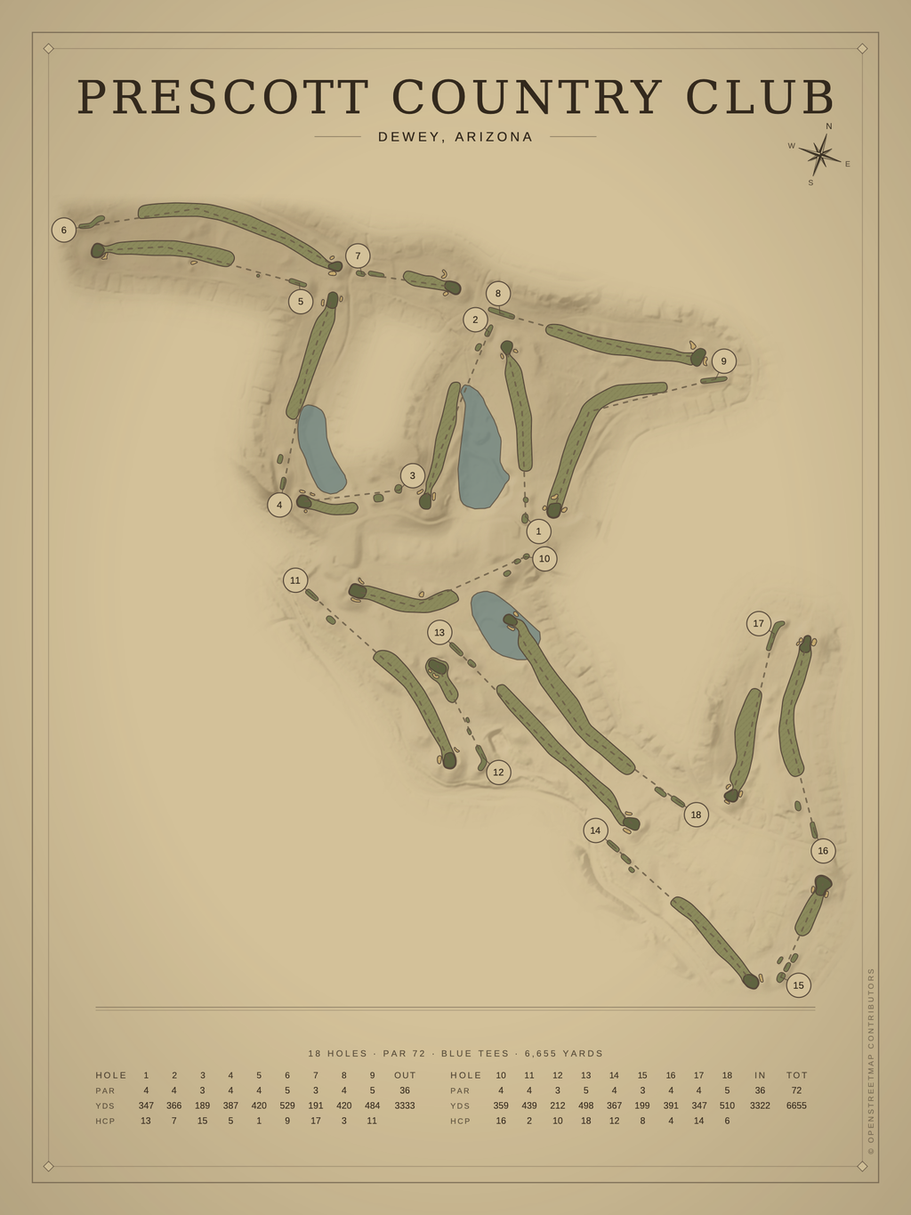 Prescott Country Club course map poster, Vintage style, 12×16 / 18×24