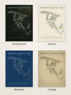 Prescott Country Club course map poster in four styles: Architectural, Classic, Blueprint and Vintage