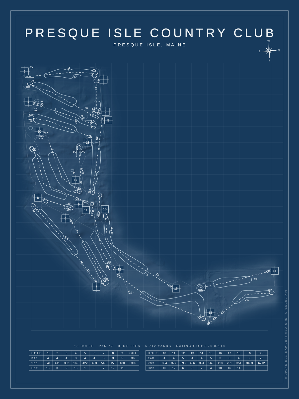 Presque Isle Country Club course map poster, Blueprint style, 12×16 / 18×24