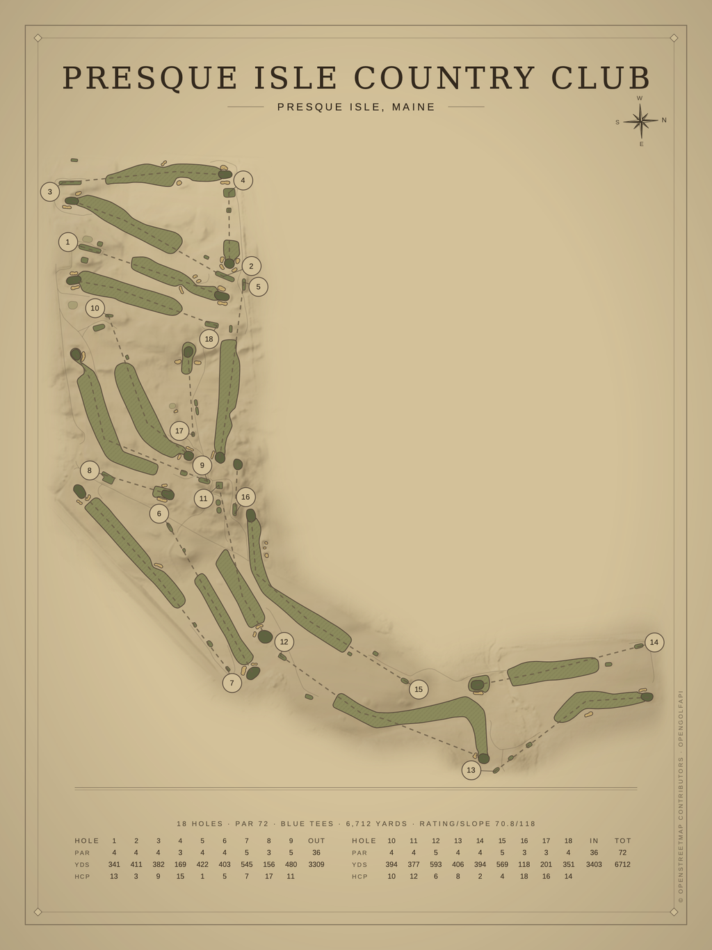 Presque Isle Country Club course map poster, Vintage style, 12×16 / 18×24