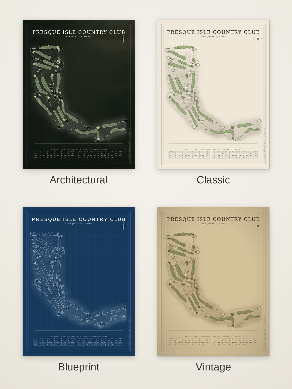 Presque Isle Country Club course map poster in four styles: Architectural, Classic, Blueprint and Vintage