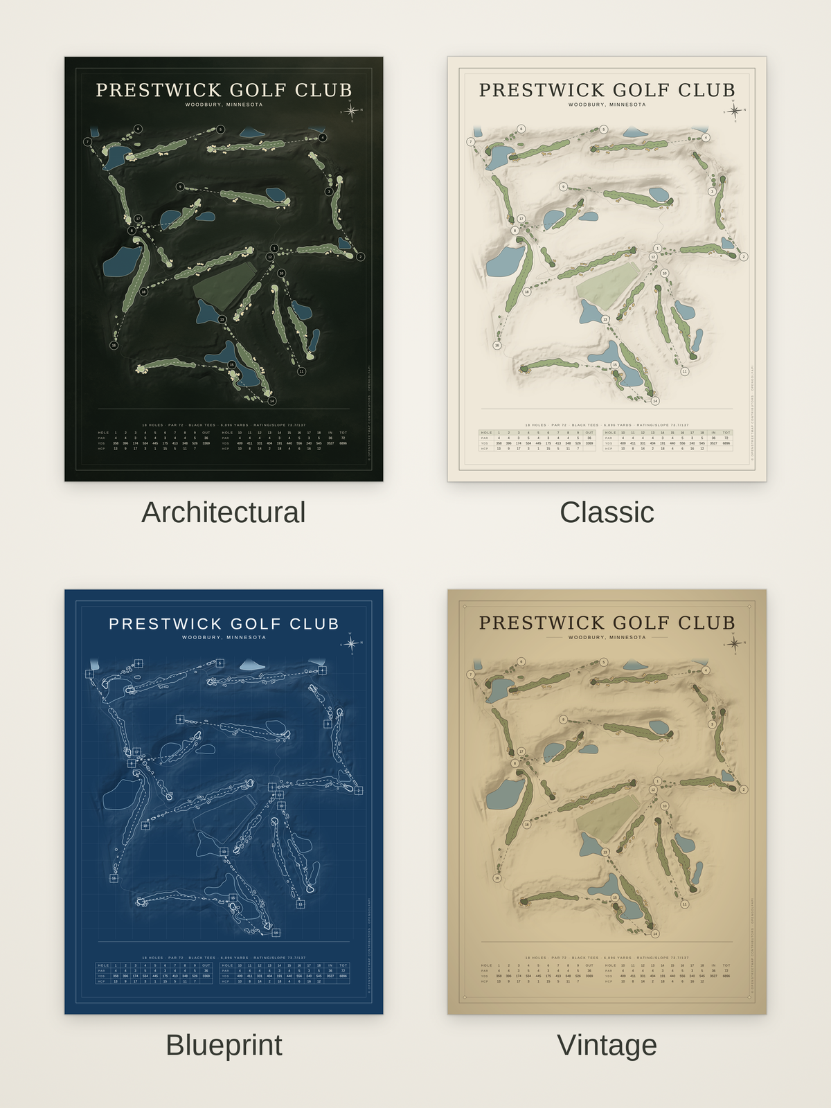 Prestwick Golf Club course map poster in four styles: Architectural, Classic, Blueprint and Vintage