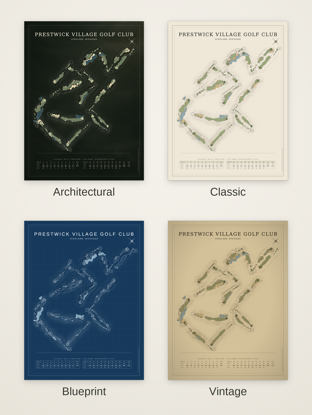 Prestwick Village Golf Club course map poster in four styles: Architectural, Classic, Blueprint and Vintage