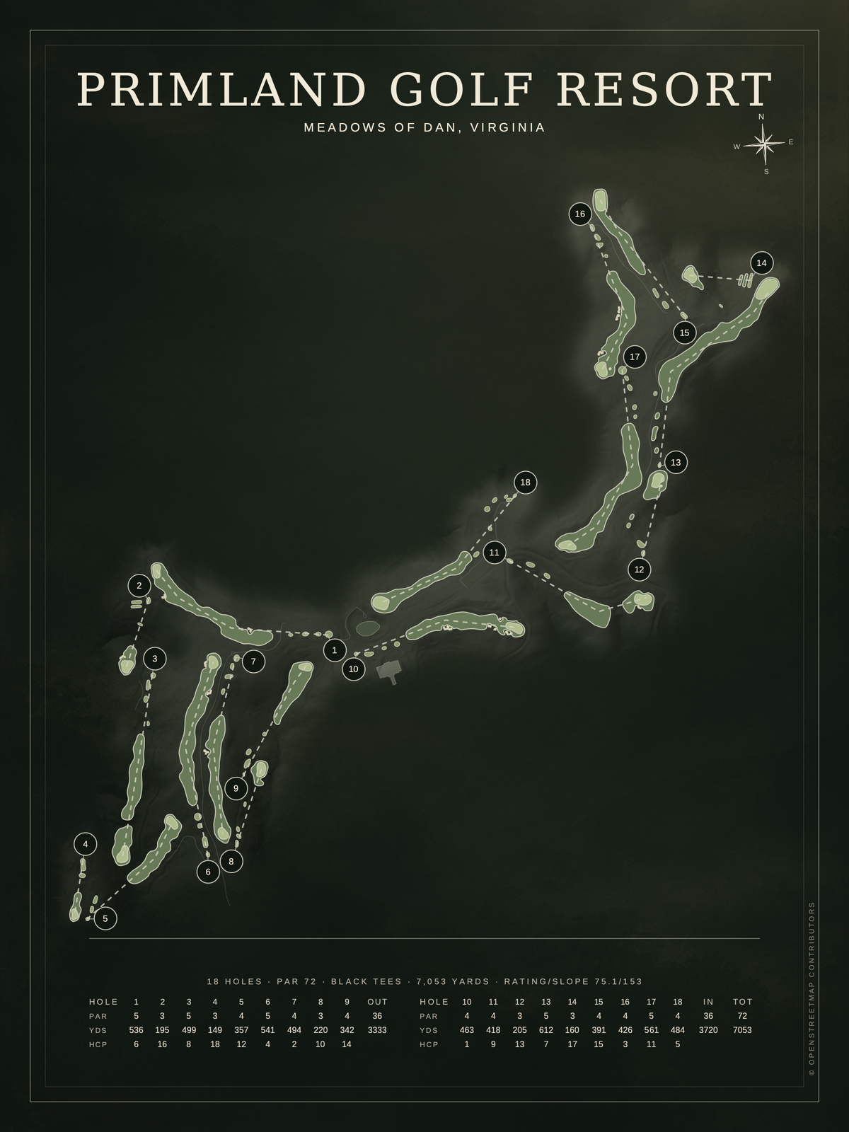 Primland Golf Resort course map poster, Architectural style, 12×16 / 18×24
