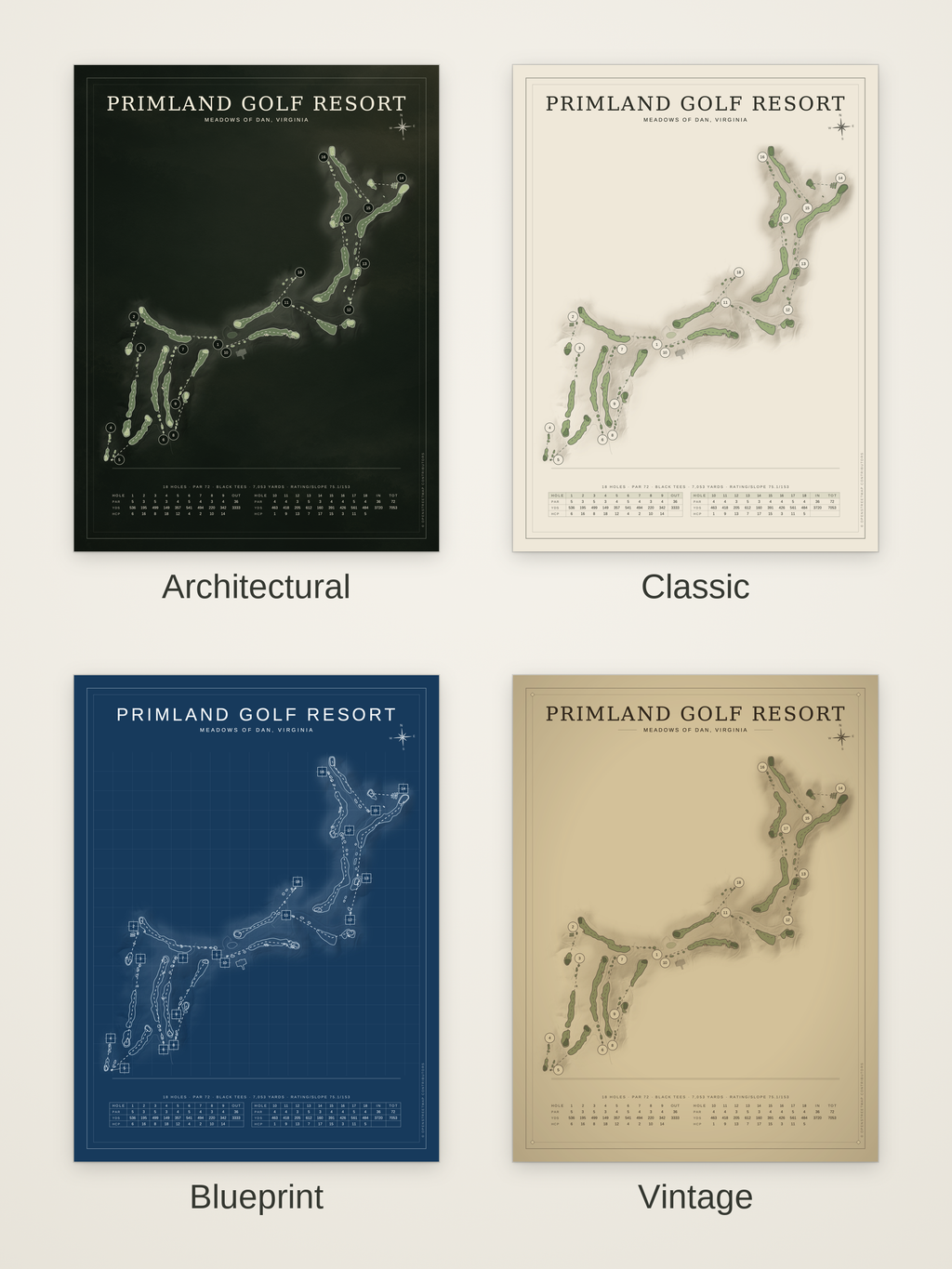 Primland Golf Resort course map poster in four styles: Architectural, Classic, Blueprint and Vintage
