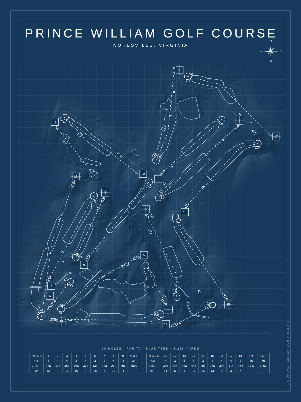 Prince William Golf Course map poster, Blueprint style, 12×16 / 18×24