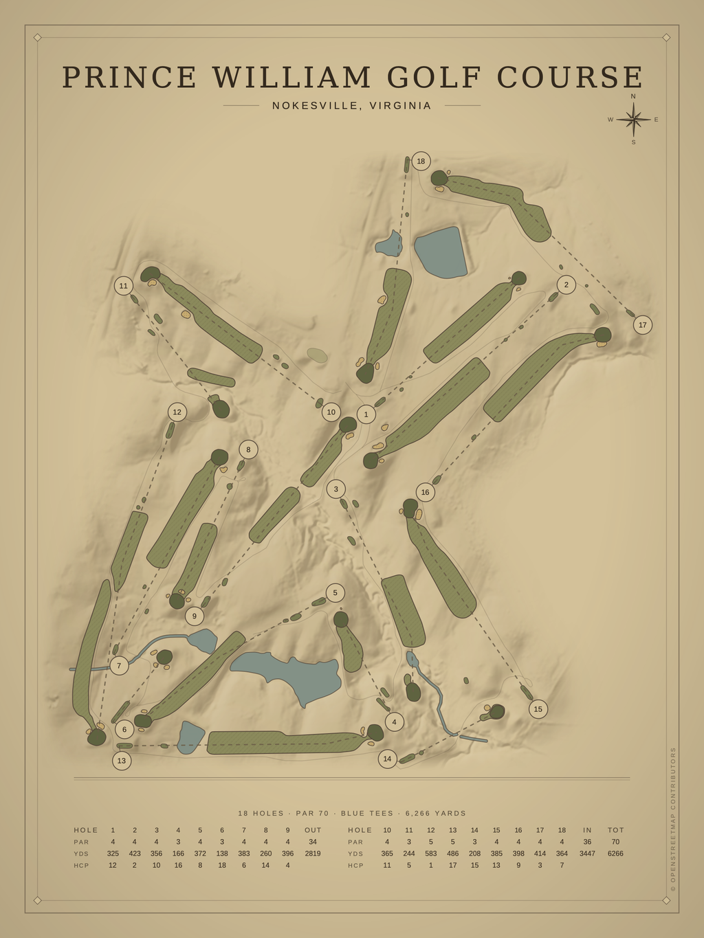 Prince William Golf Course map poster, Vintage style, 12×16 / 18×24