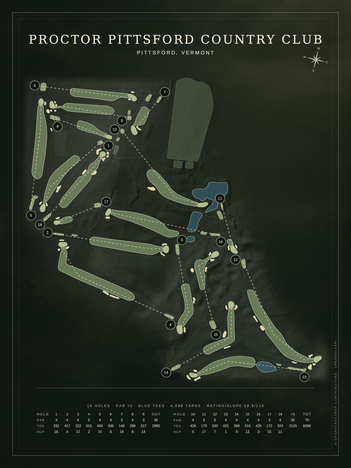 Proctor Pittsford Country Club course map poster, Architectural style, 12×16 / 18×24