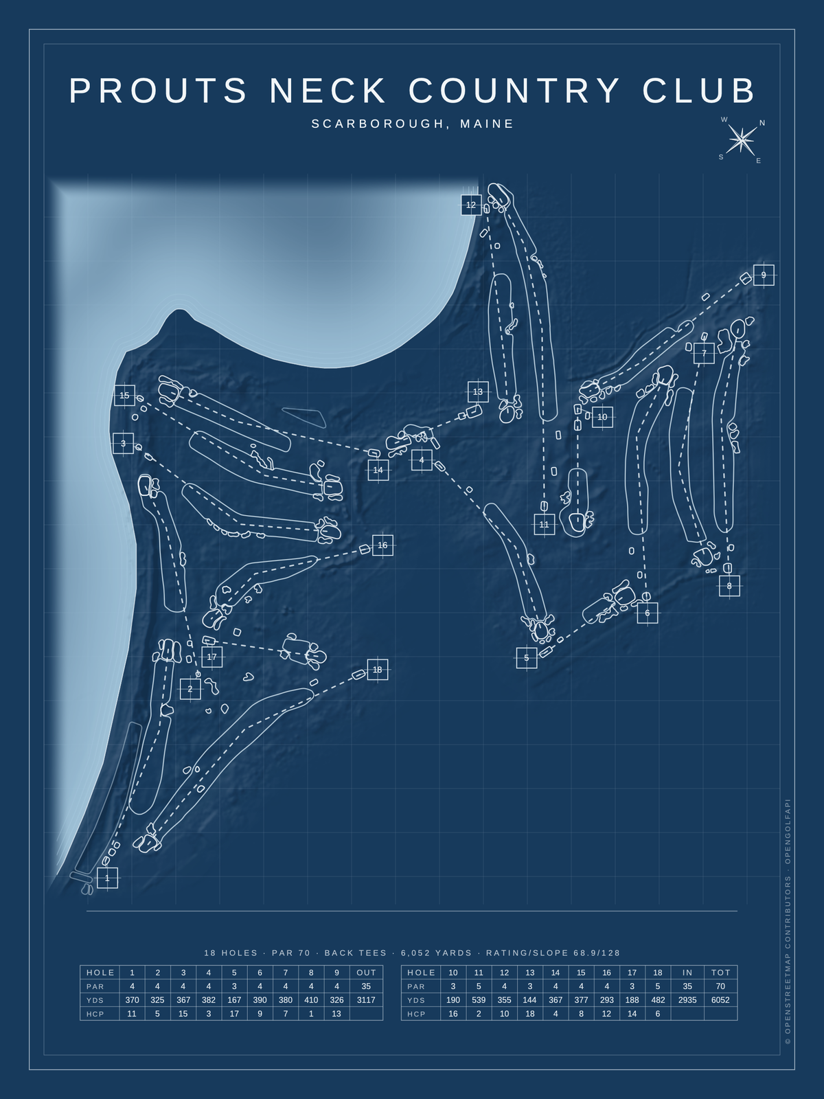 Prouts Neck Country Club course map poster, Blueprint style, 12×16 / 18×24