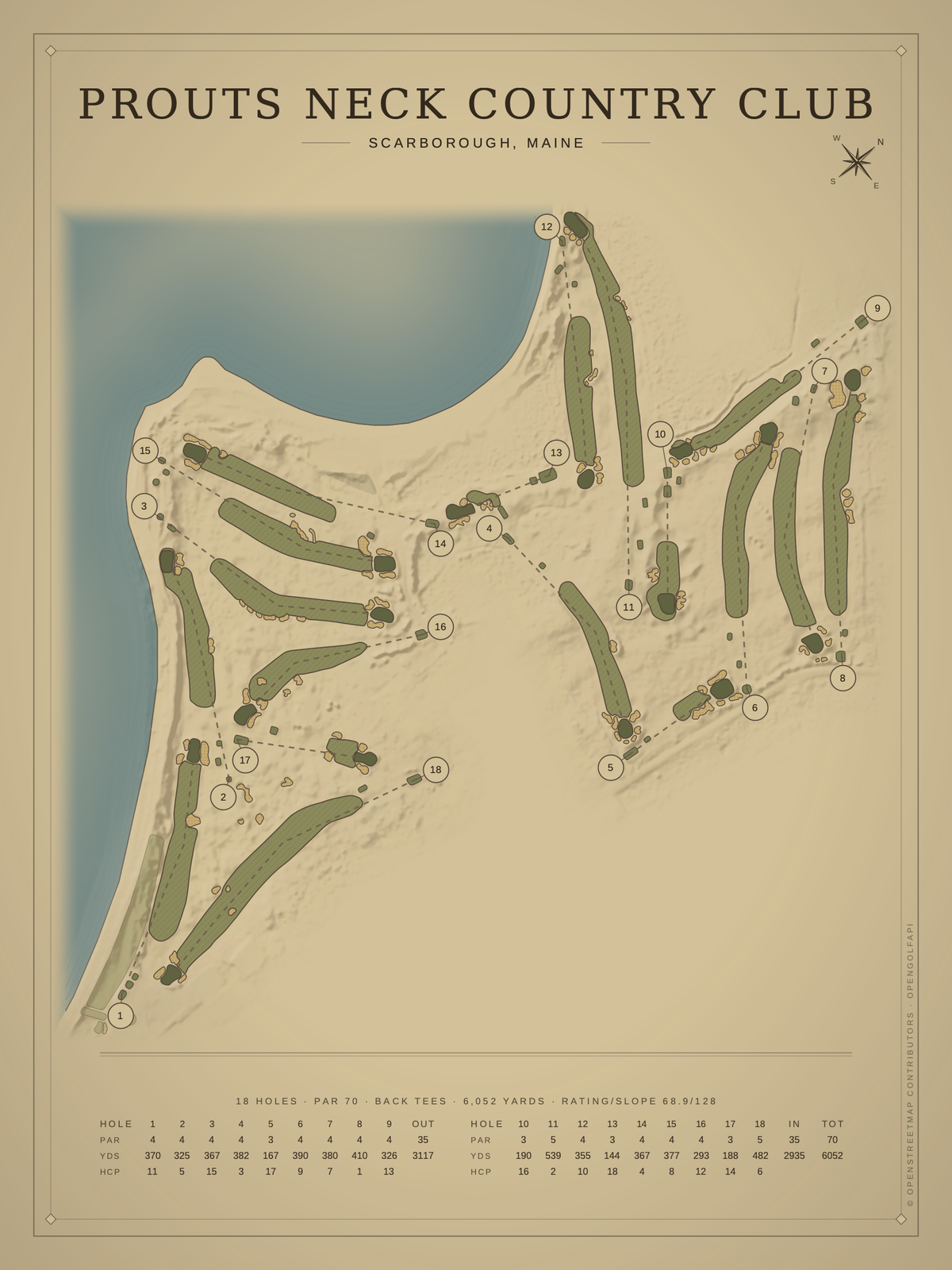 Prouts Neck Country Club course map poster, Vintage style, 12×16 / 18×24