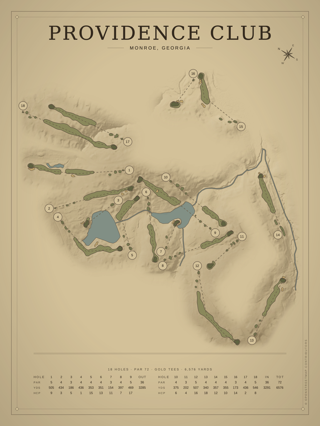 Providence Club course map poster, Vintage style, 12×16 / 18×24